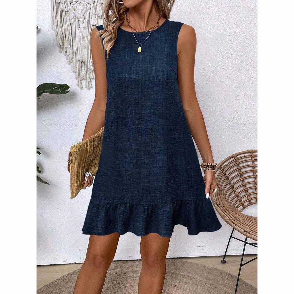 Vestito da Donna a Manica Corta Senza Maniche tinta unita con Scollo Rotondo, Allacciatura, Pieghe, Vestibilità Larga, Casual, Stile Quotidiano per il Lavoro, Vestito Estivo