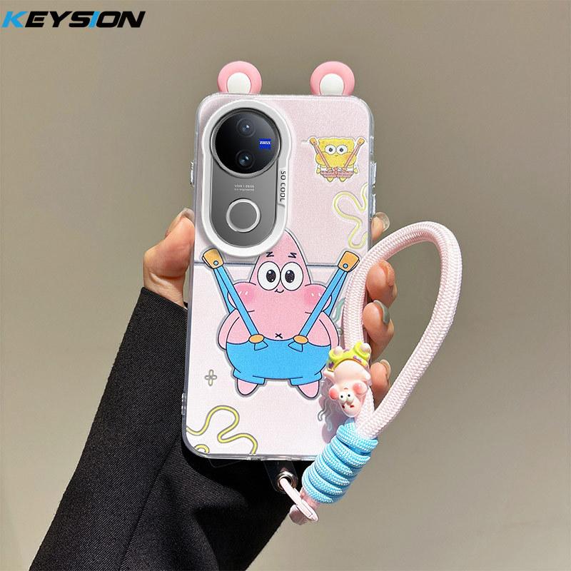 KEYSION Cute Ear Cartoon Case for VIVO V50 5G with Lanyard Soft Silicone+PC Shockproof Phone Back Cover for VIVO V50