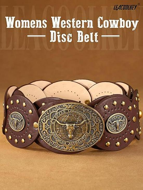 Women's Retro Oval Western-Style Leather Belt with Denim Waistband Decoration