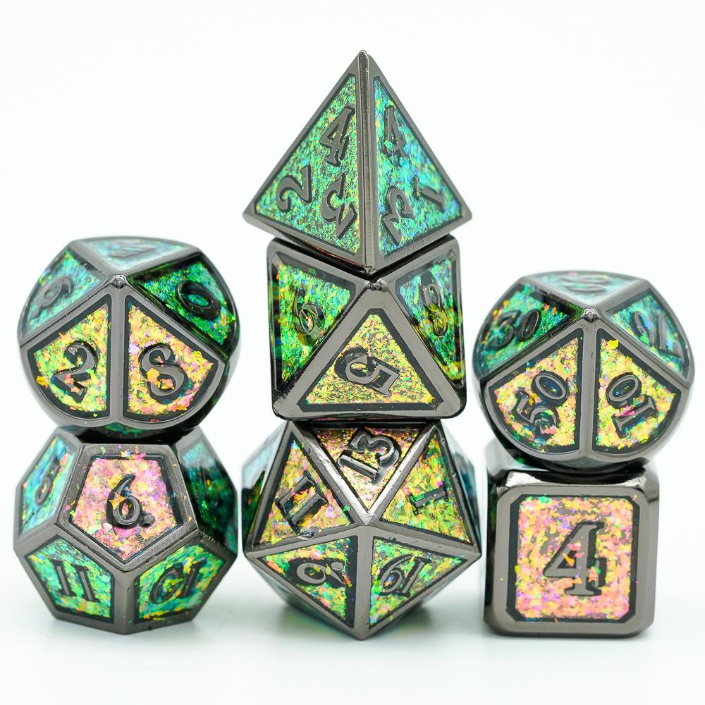 Cusdie Metal Glitter Dices DND 7Pcs Frame Solid D&D Dice D4-D20 Polyhedral Dice Set for Role Playing Game Pathfinder TRPG