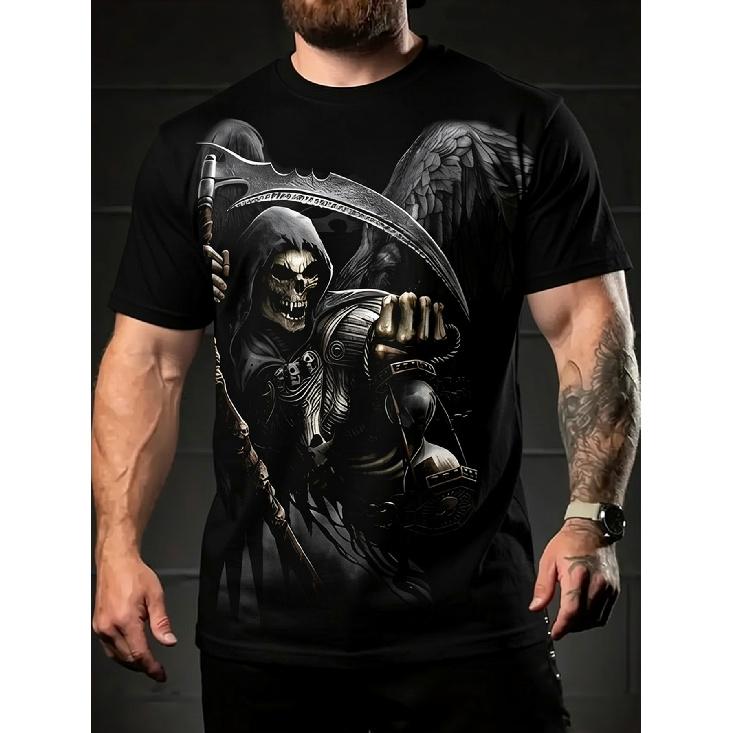 Men's Black Short-sleeve T-shirt with Graphic Grim Reaper and Scythe Print, Crew Neck, Soft Cotton Blend, Relaxed Fit for Casual Daily Wear