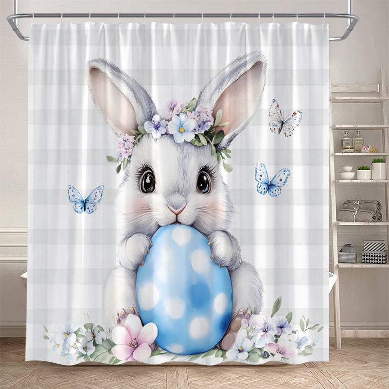 Funny Easter Shower Curtains Cute Cat Rabbit Eggs Butterfly Tulip Flowers Rustic Fabric Home Bathroom Curtain Decor With Hooks
