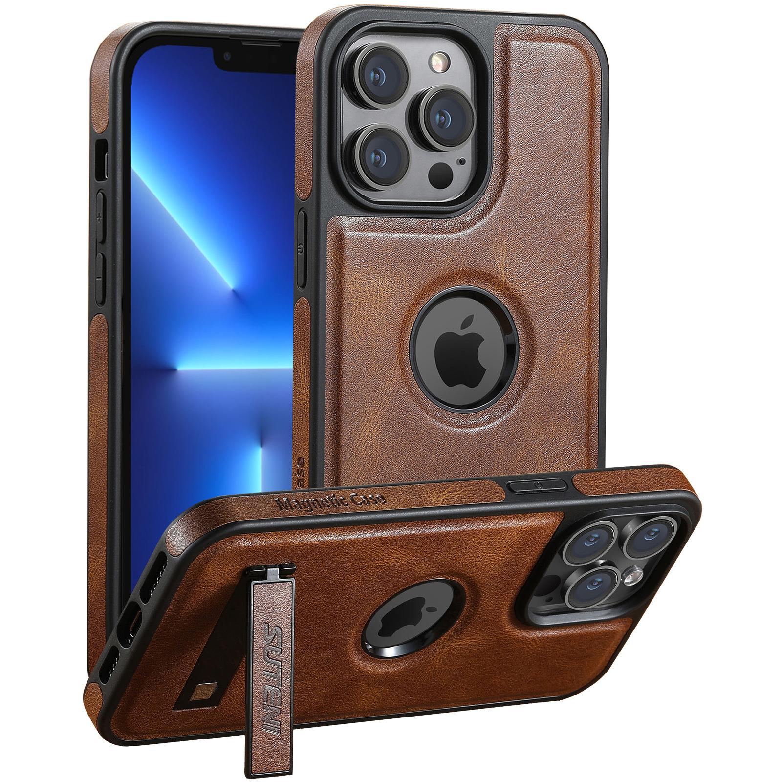 

SUTENI G2 For iPhone 13 Pro Magnetic Case Leather Phone Back Cover Waxy Texture Invisible Kickstand Brown