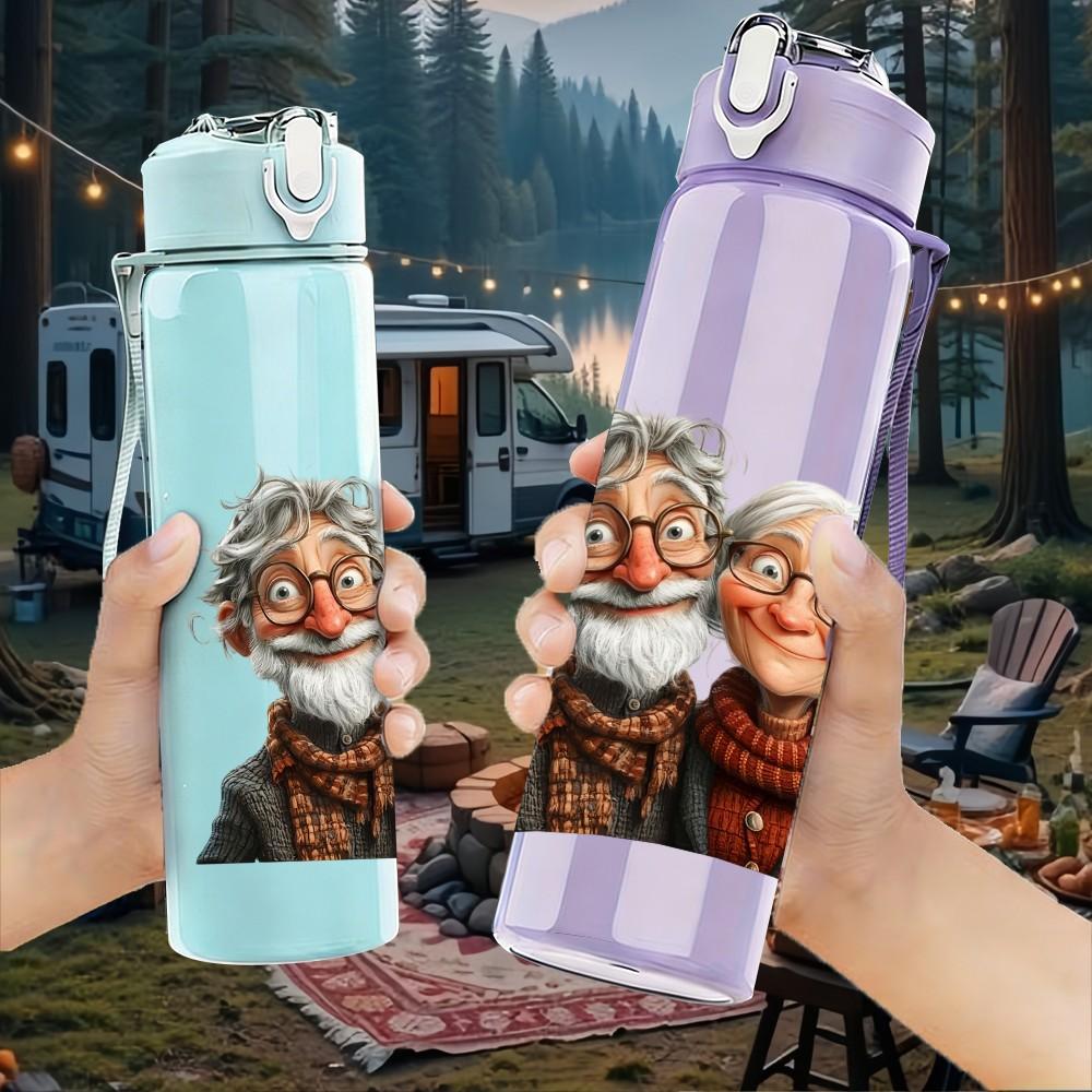 1PC Elderly Old Couple Portrait Pattern 750ml Color Plastic Sports Water Bottle Leakproof Flip Straw Lid Suitable for Sports Office Home Use