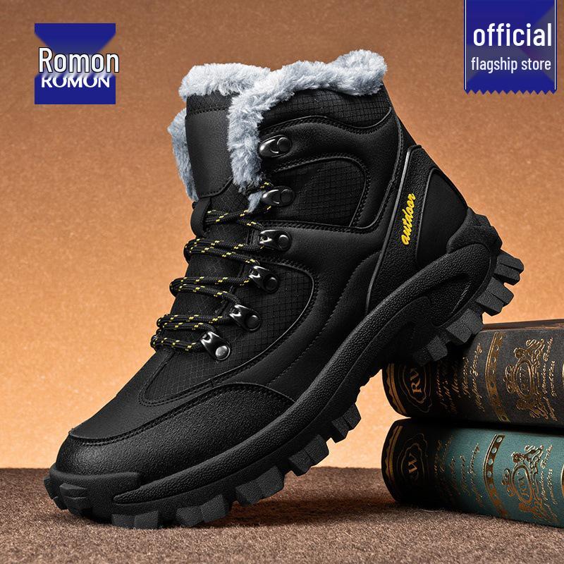 Men's Winter 2025 Snow Boots: New Style Leather & Fur, Velvet-Lined, Thickened Warm Genuine Leather, Cold-Resistant, Large Cotton Shoes