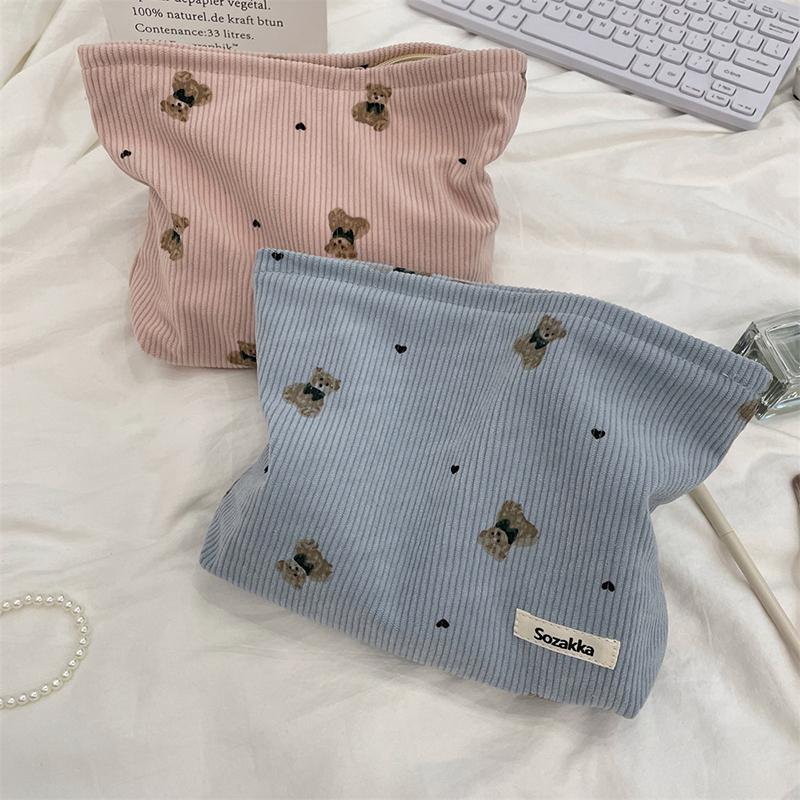 Portable Cartoon Bear Makeup Bag Corduroy Large Capacity Cosmetic Bag Pen Bags For Women Lady Girl