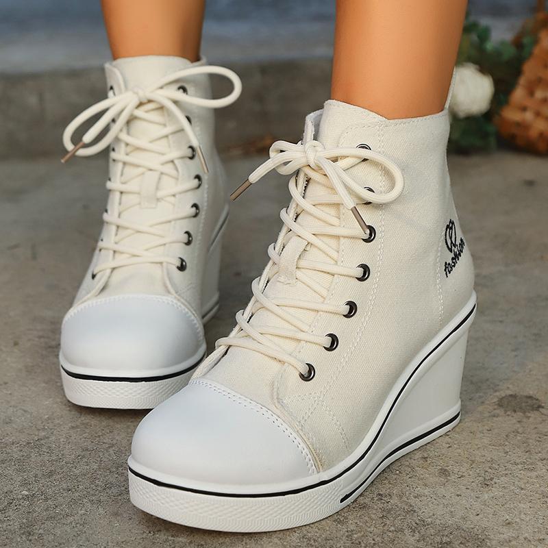 Breathable High Top Canvas Sneakers for Women Fashion Wedge Heel Platform Sports Shoes Woman Lightweight Lace Up Casual Sneakers