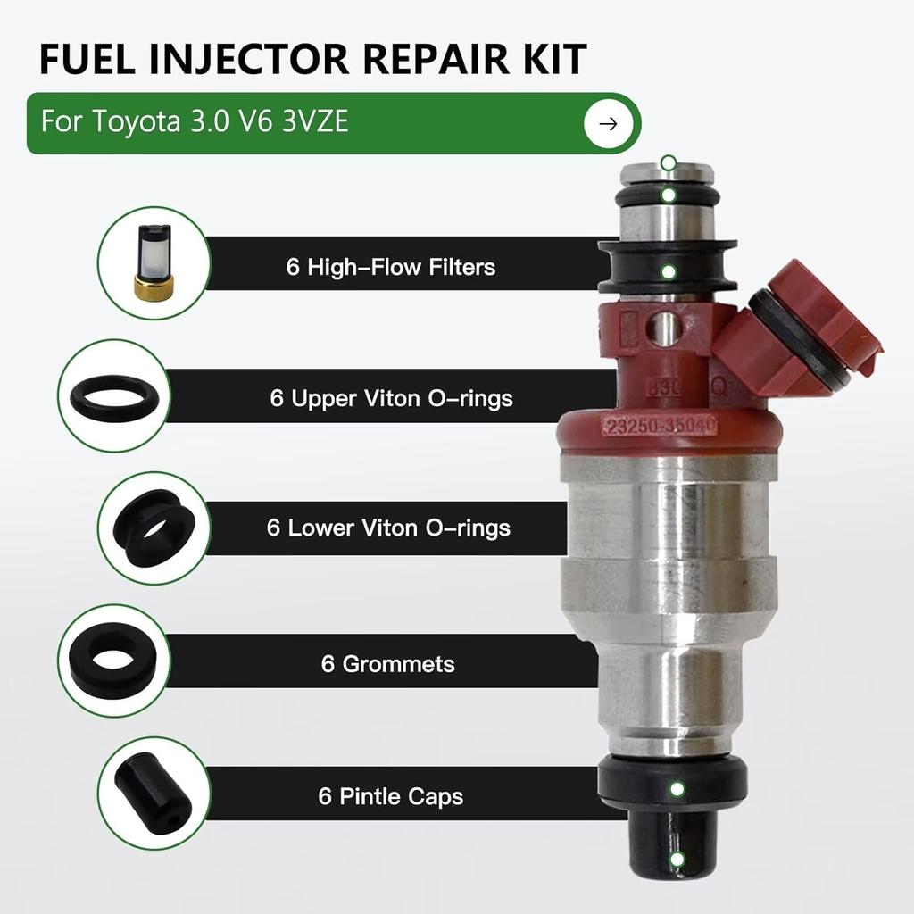 Updated Fuel Injector repair kit Includes O-rings, Pintle Caps, Filters Replacement Set Fit for Toyota 3VZE 3.0 V6 Engines For 4Runner T100 Pickups