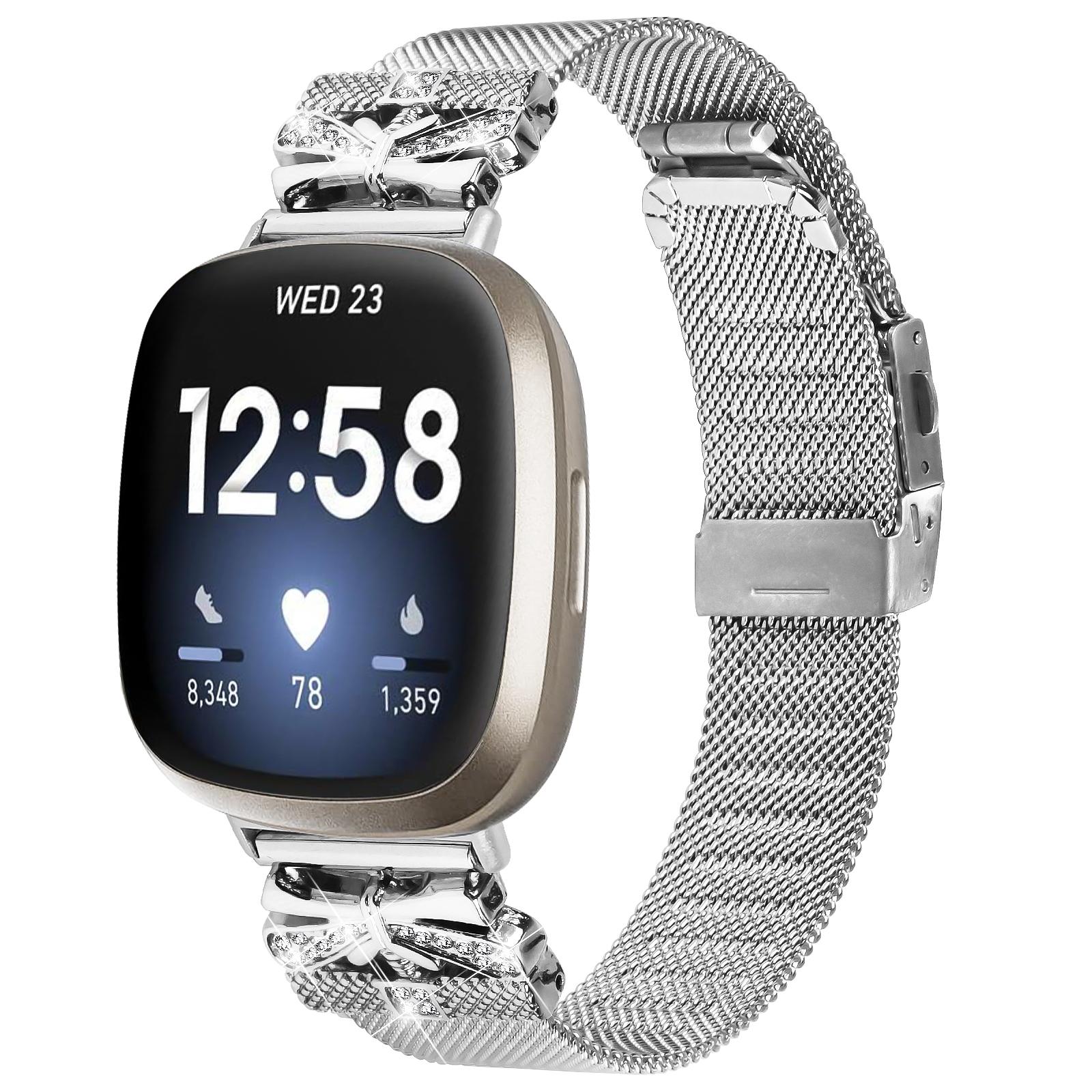 

Watch Strap for Fitbit Versa 4/Sense 2 Stainless Steel Milanese Band with Rhinestone Decor Silver