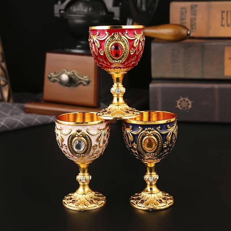 Pahar de vin metalic gravat manual, stil european, pentru casă, bar, sufragerie și decor pentru casă, model medieval Sfântul Graal, vintage