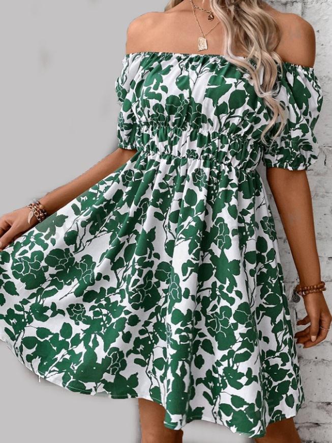 Women's Summer New European and American Short-sleeved One-word Shoulder Print Flower Dress