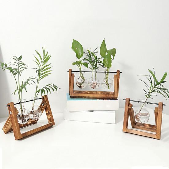 Yousheng 1/2/3Pcs Plant Terrarium with Wooden Stand Transparent Glass Bulb Vase Table Centerpiece Hydroponic Flower Holder Plants Container Decoration