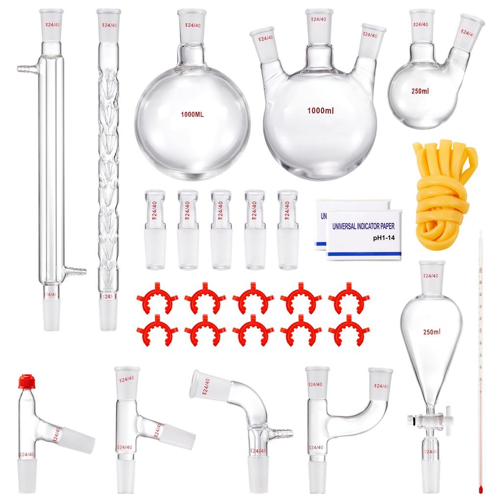 VEVOR Lab Distillation Kit, 3.3 Boro Lab Glassware Distillation Kit with 24, 40 Joint, 1000ml Essential Oil Distillation Apparatus Kit