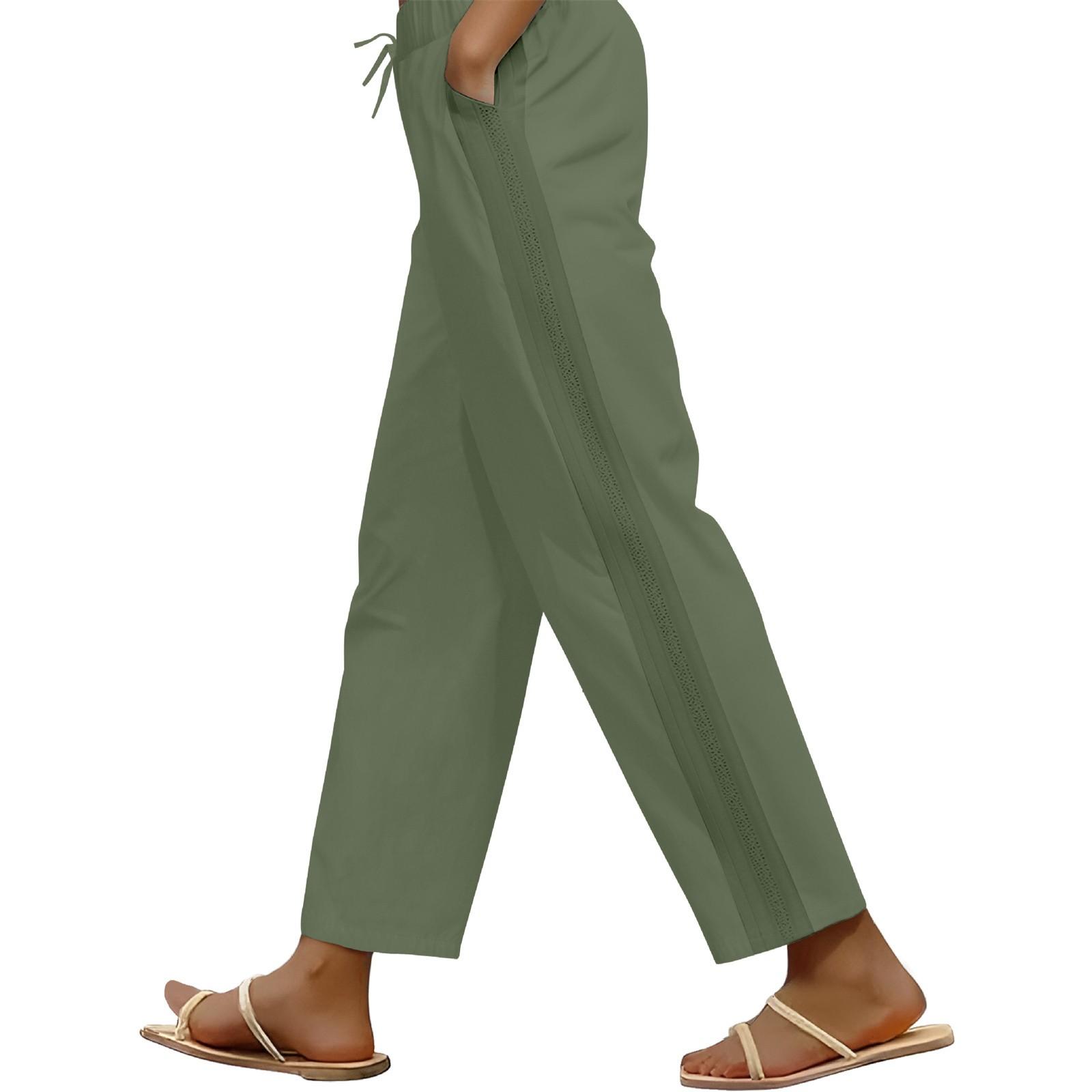 

Women s Solid Color Casual Trendy Pants Loose Elastic Waist Straight Pants Comfortable Pockets Pants With Belt L армія зелений колір