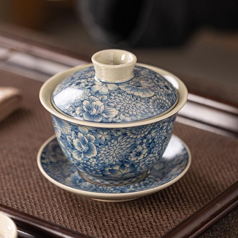 Kiln Tea Set Blue and White Porcelain Cover Bowl Retro Tea Bowl Anti-scalding Hand-made Tea Flower Sancai Cover Bowl