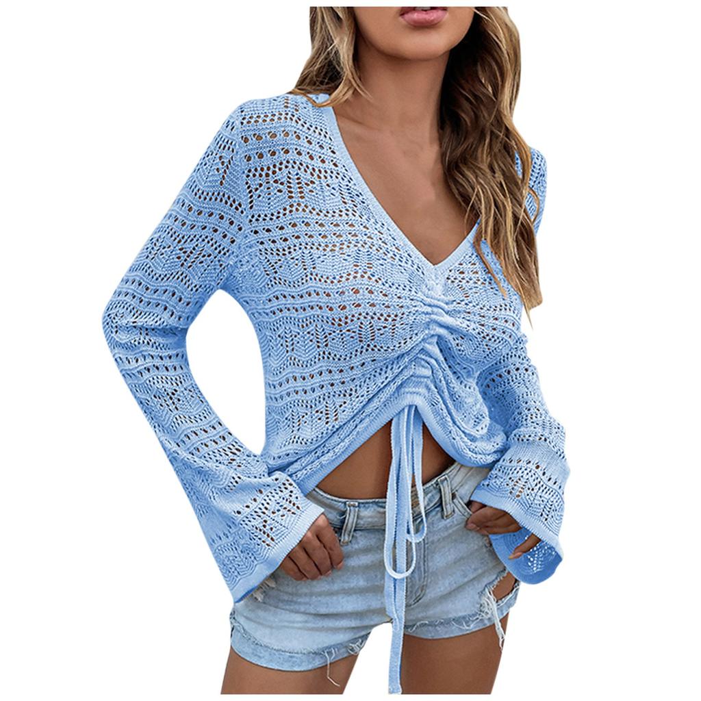 Modischer Strickpullover für Damen mit V-Ausschnitt, ausgehöhltem Kordelzug und ausgestellten Ärmeln