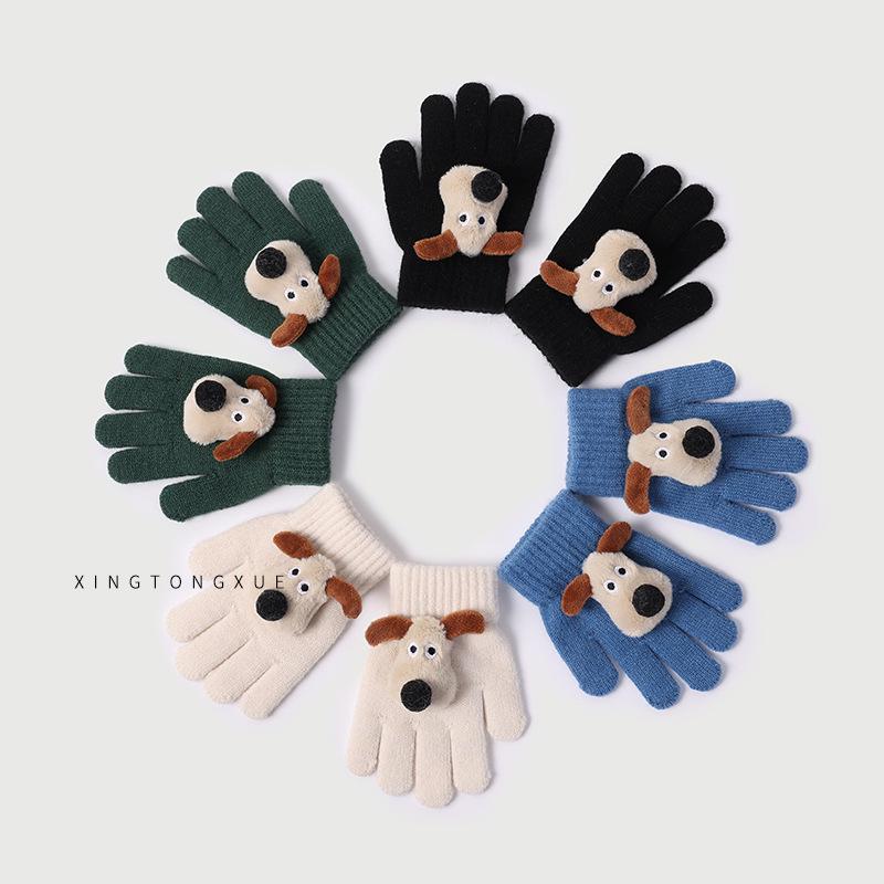 Children s Cute Cartoon Puppy Five-Finger Wool Gloves for Autumn and Winter Green Korean Puppy