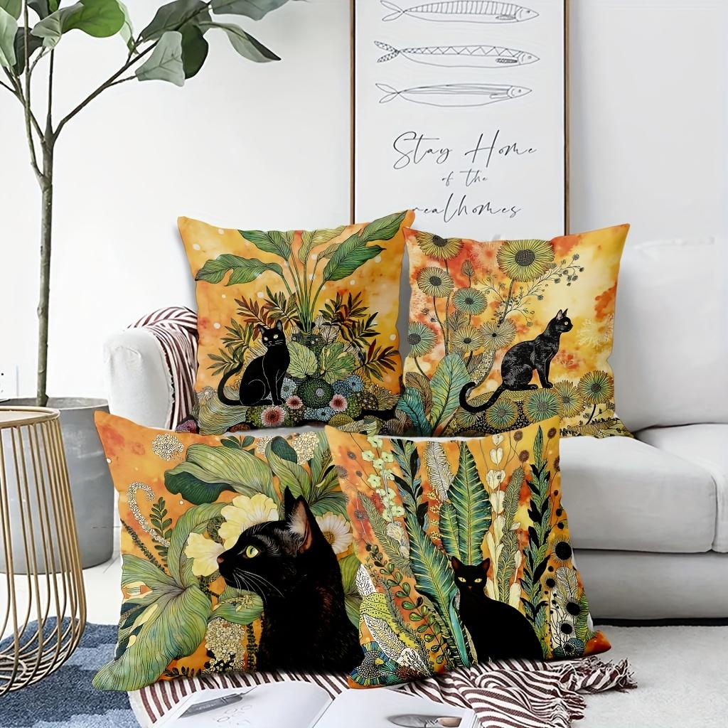1/4pcs Black Cat & Floral Leaf Print Pillowcases Sofa cushion cover home bedroom room decoration