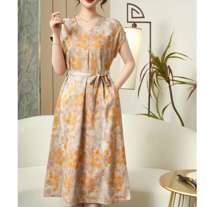 

Mom s Floral Mid-Length Slimming Dress - Short-Sleeve, Over-the-Knee, Belly-Covering for Middle-Aged & Elderly Summer Style 5XL (160-175 lbs) оранжевый