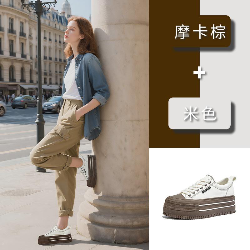 The First Layer of Cowhide Little White Shoes for Women 2025 Autumn New Thick-soled Heightening Biscuit Shoes Casual Versatile Sports Board Shoes for