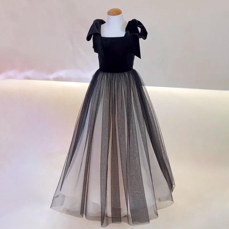Girls' Black Mesh Formal Choir Dress - Elegant Autumn Performance Costume for Piano & Violin