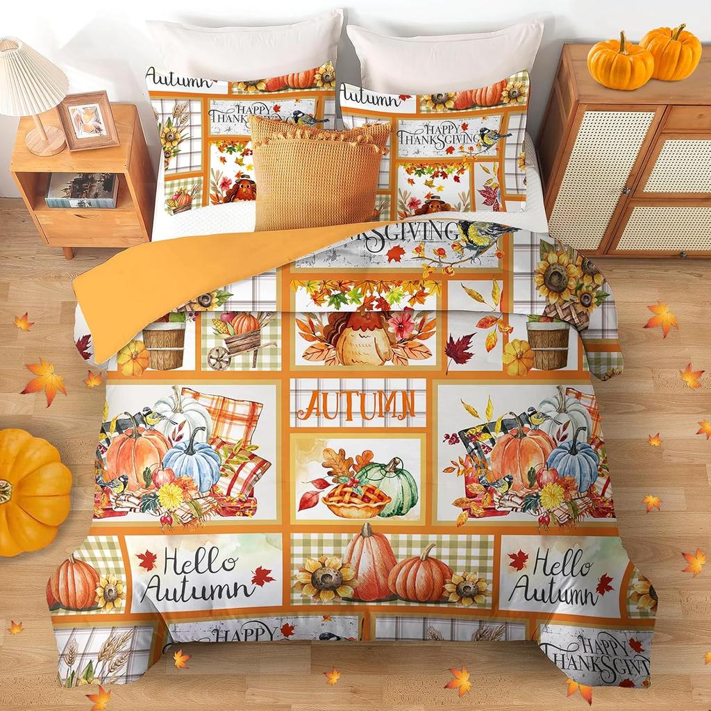 Thanksgiving Patchwork Duvet Cover Set King SizeFall Farm Duvet Cover Turkey Pumpkin Sunflower CoverAutumn Harvest Themed