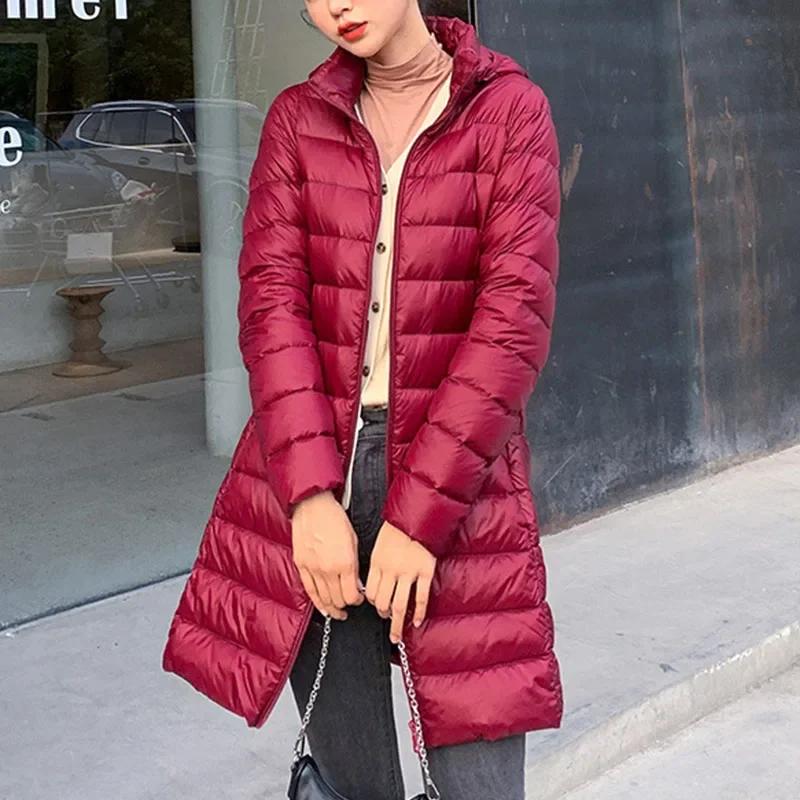 Winter Women Slim Down Coats Remove Hooded Parka Solid Color Female Long Light Thin Outerwear Lady Fashion Warm Puffer Jackets