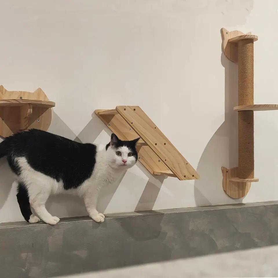 Indoor Wall-mounted Cat Paradise Cat Bridge Hammock Wooden Steps or Scratching Post For Cats To Rest and Play