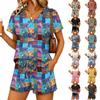 Women Fashion Casual V Neck Printed Two Piece Set Short Sleeve Top and Drawstring Shorts for Daily Wear Summer Outfit