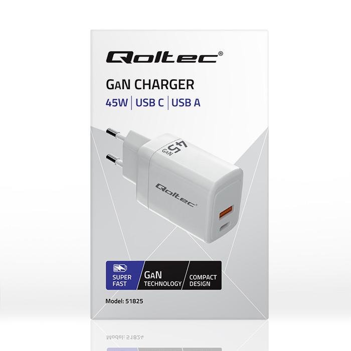 Qoltec Ładowarka Sieciowa 45W Gan  | 5-20V | 1.5-3A | 1 X Usb-C Pd | 1 X Usb Qc 3.0 | Biała