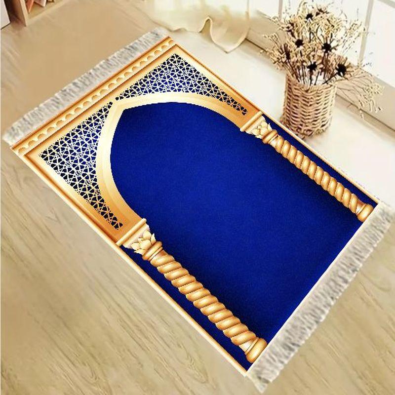 Velvet Islamic Salat Mat Simple Golden Arch Mihrab Pattern Anti Slip Portable Prayer Rug Eid Home Decor Gift