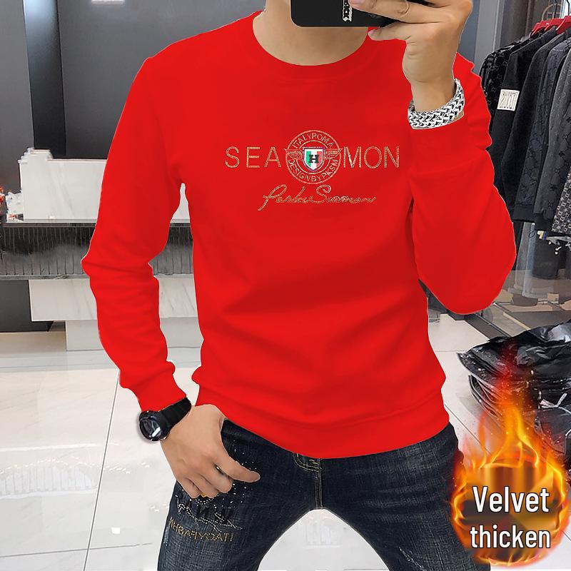 Stylish Rhinestone Men's Long Sleeve Round Neck Shirt - Comfortable, Versatile, Velvet-Thickened for Autumn and Winter.