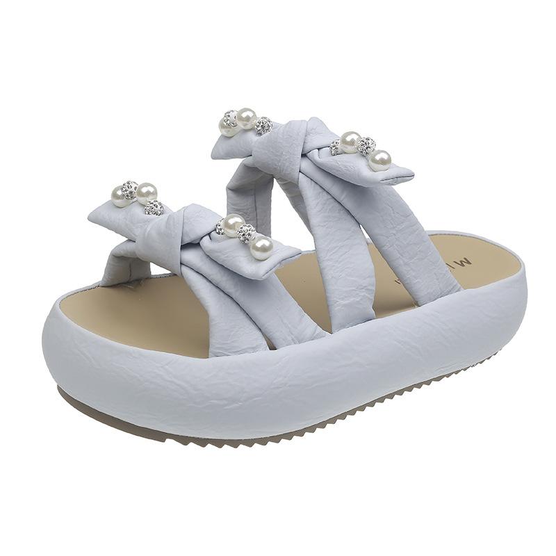 

2025 summer new fashion pearl one-word drag women s wear casual muffin platform with skirt evening evening wind beach shoes 40 синий