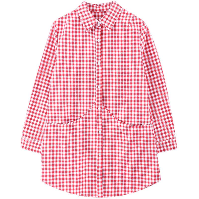 2024 Women's Korean Style Plaid Cotton Long Sleeve Loose Casual Shirt - Plus Size, Mid-Length