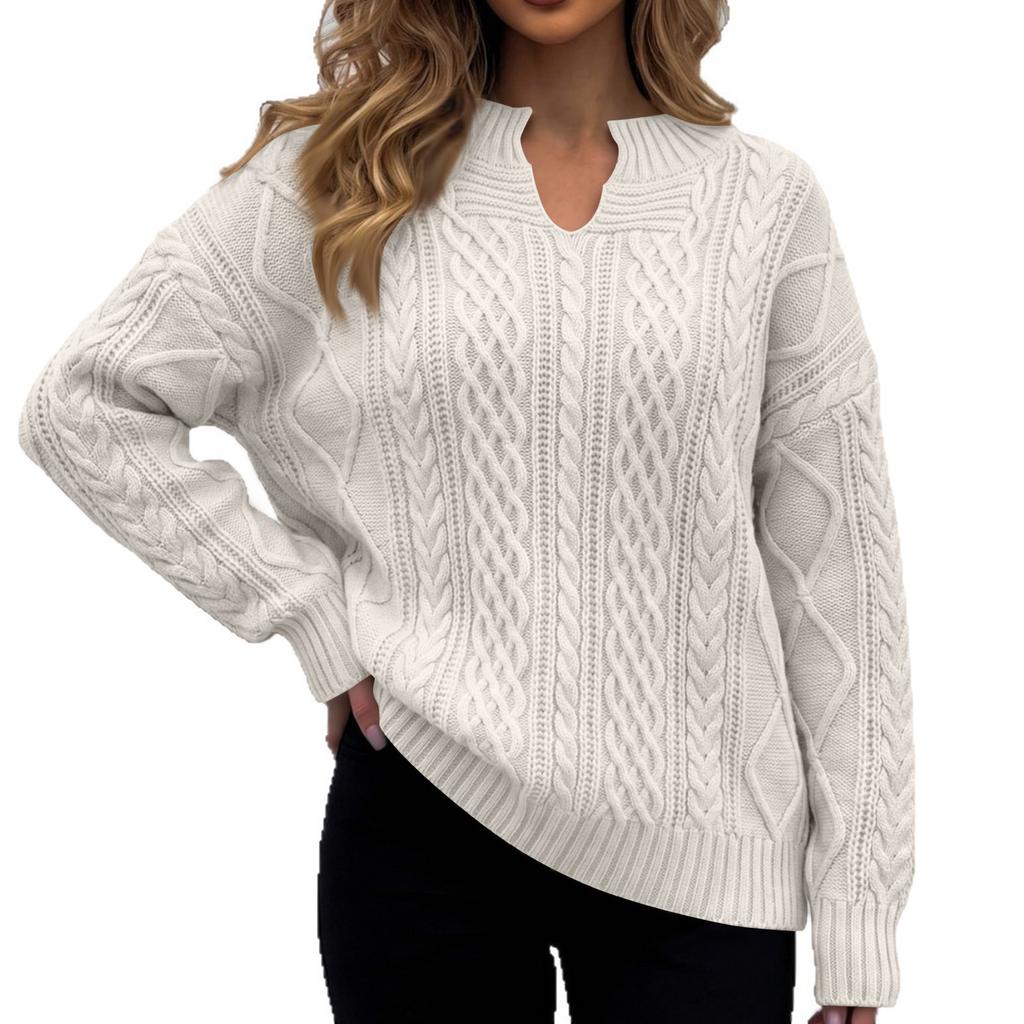 Women's Cable Knit Pullover V-Neck Long Sleeve Loose Fit Color Sweater for Fall Winter