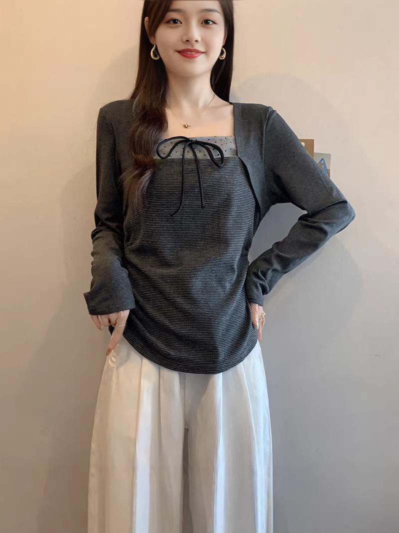 Spring 2025 Plus Size Women s Bow Patchwork Long Sleeve Top L
