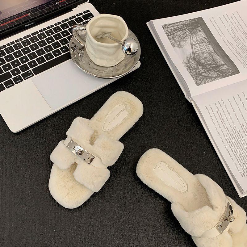 Feenwind-Lock flauschige Hausschuhe Damen Oberbekleidung 2025 Herbst und Winter neu Französische weichsohlige Ein-Wort-Schlepp Samt Baumwollschuhe