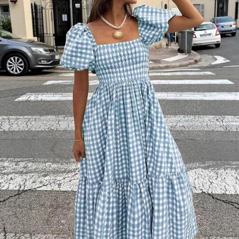 New summer plaid square neck bubble sleeve waist medium and long dress