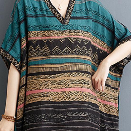 Plus Size Cotton Linen Maxi Dress for Women Loose V-Neck Short Sleeve