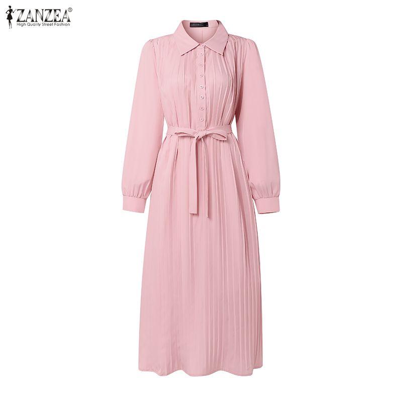 ZANZEA Women Casual Turn Down Collar Solid Color Long Sleeve Loose Dress