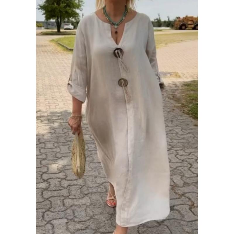 Women's Summer Cotton Linen Maxi Dress V Neck Long Sleeve Loose Fit Solid Color Casual Daily Vacation Dress