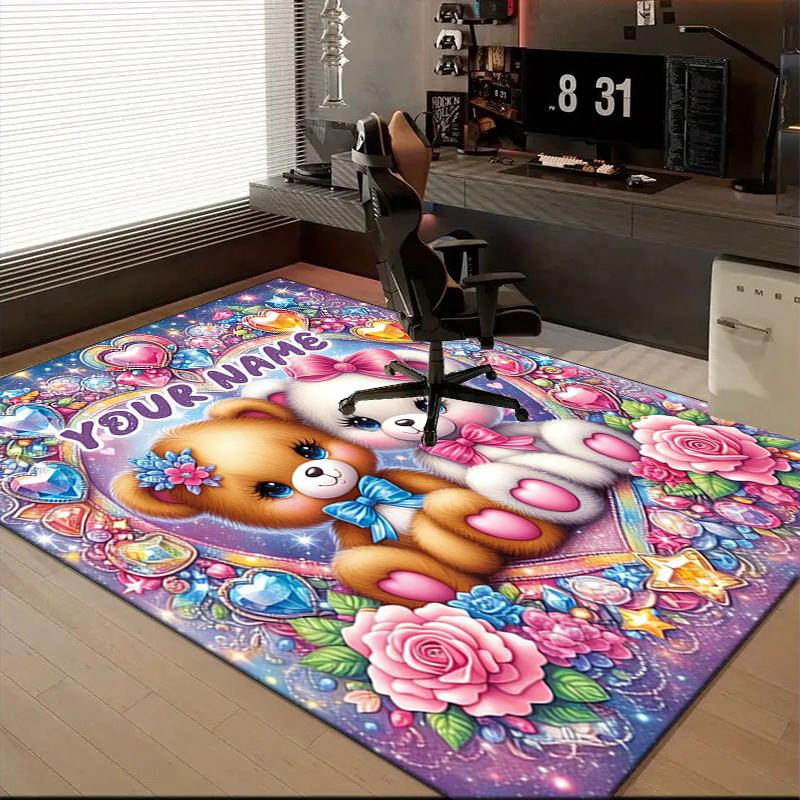 1PC Custom Name "Colorful Bears Hearts" Theme Floor Mat Ideal for Living Room, Game Rooms, Office, Bedroom,Floor Mat Playful Design