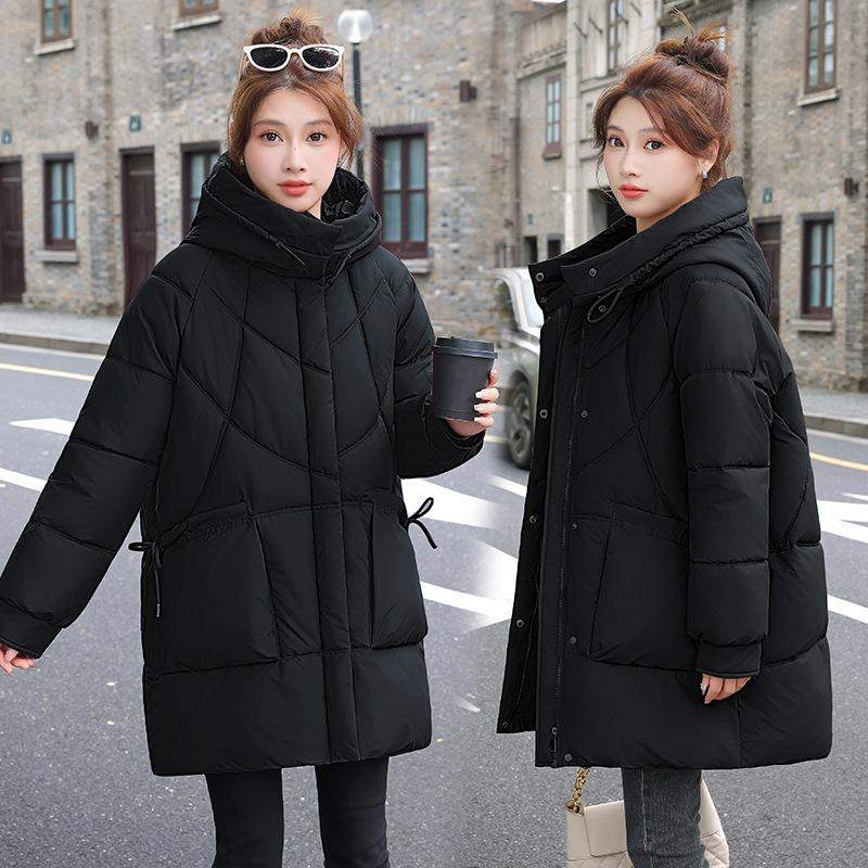 New large-size cotton-padded clothes for women's winter medium and long cotton-padded clothes, Korean version of thin and thickened hooded
