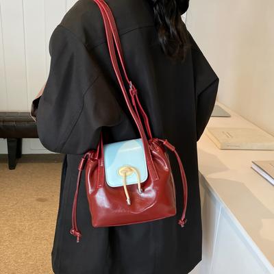 Fashion Trend Contrasting Retro Style Bag  New Niche Design Single Shoulder Diagonal Cross Drawstring Bucket Bag