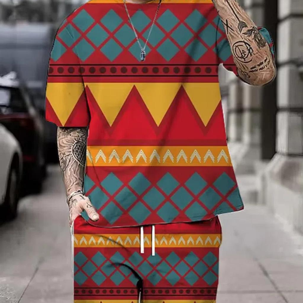 Summer Men's Short Sleeve Shorts Set Street Everyday Casual Men's T-Shirt Outdoor Fashion Loose Shorts Bohemian Print