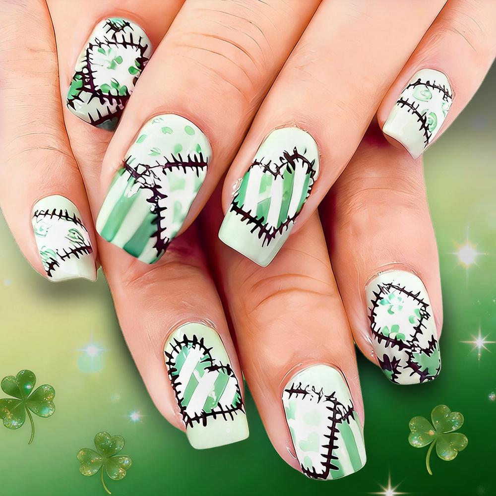 

St. Patrick s Day Chinese Style Clover Heart Press-On Nails - 24 Detachable Pieces