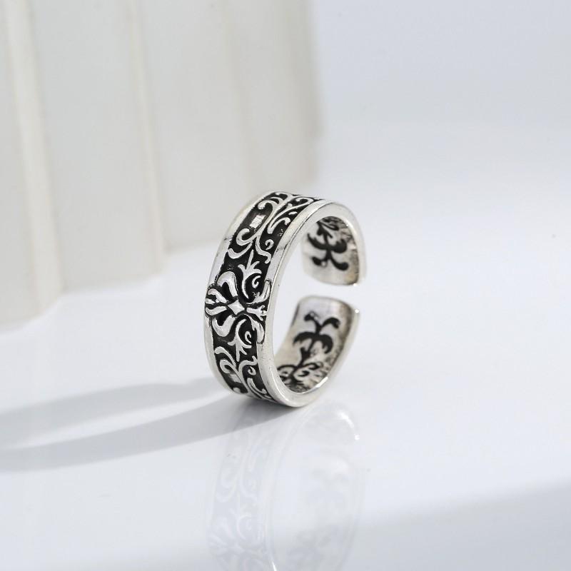 Adjustable Vintage Oxidized Floral Totem Ring Men Women Copper Statement Jewelry Boho Minimalist Style