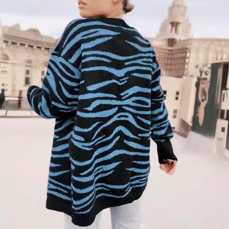 DAFIFY Women's Fashion Casual Fall Winter Zebra Print Long Sleeve V-Neck Sweaters