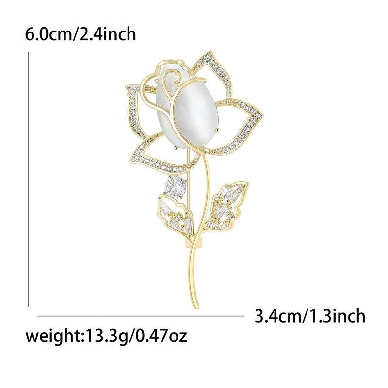 Rose Brooch Pin with Milky White Stone and Rhinestone Petals for Women Shawls and Lapels, 60x34mm, Gold Silver