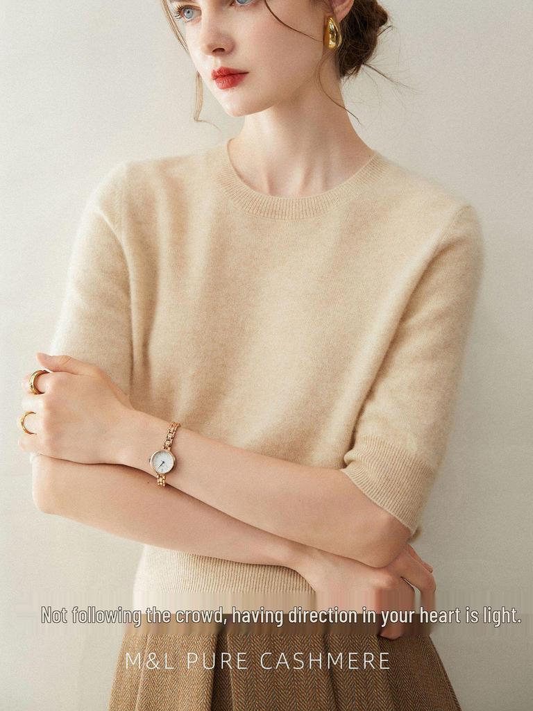 2026 Autumn/Winter Women's Pure Cashmere Short Sleeve Round Neck Loose Knit Sweater